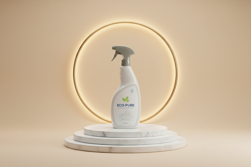 mkae home clenaer product botel this botel stand on stair type round platform and round glowing light bihaind botel and background color is classic cream and lightning like photograpy