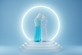 mkae toilate clenaer combo product botel this botel stand on stair type platform and round glowing light bihaind combo botel and background color is classic ligh blue and lightning like photograpy